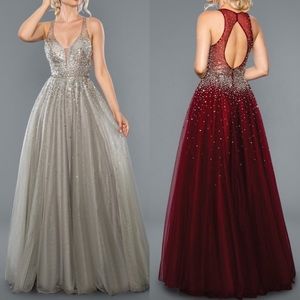 Silver Crystal Embellished Tulle Ball Gown